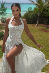 Halter Sweetheart Neck Slit Floral Vacation Maxi Dresses-White Pre Order
